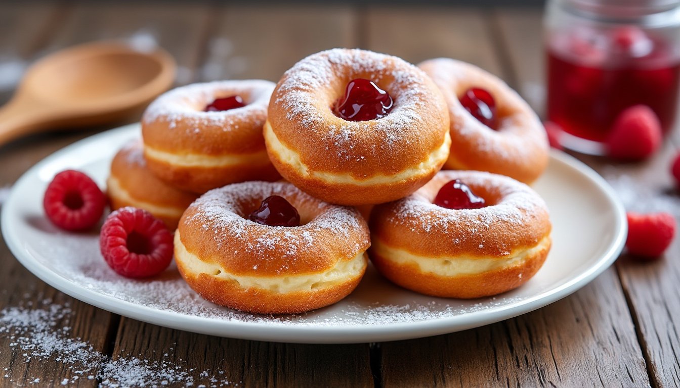 découvrez nos délicieux beignets fourrés à la confiture de framboise : une gourmandise moelleuse, légèrement sucrée et généreusement garnie, idéale pour le goûter ou le petit-déjeuner.