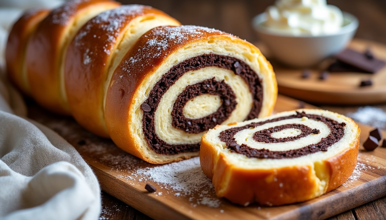 découvrez notre recette gourmande de brioche roulée à la vanille et chocolat : une pâte moelleuse et savoureuse, garnie de vanille parfumée et de chocolat fondant, idéale pour le petit-déjeuner ou le goûter.