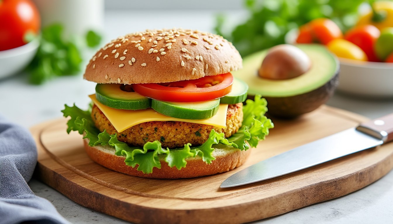 découvrez notre burger végétarien savoureux, composé de pois chiches riches en protéines et de tranches d’avocat crémeux. une recette saine, gourmande et facile à préparer !