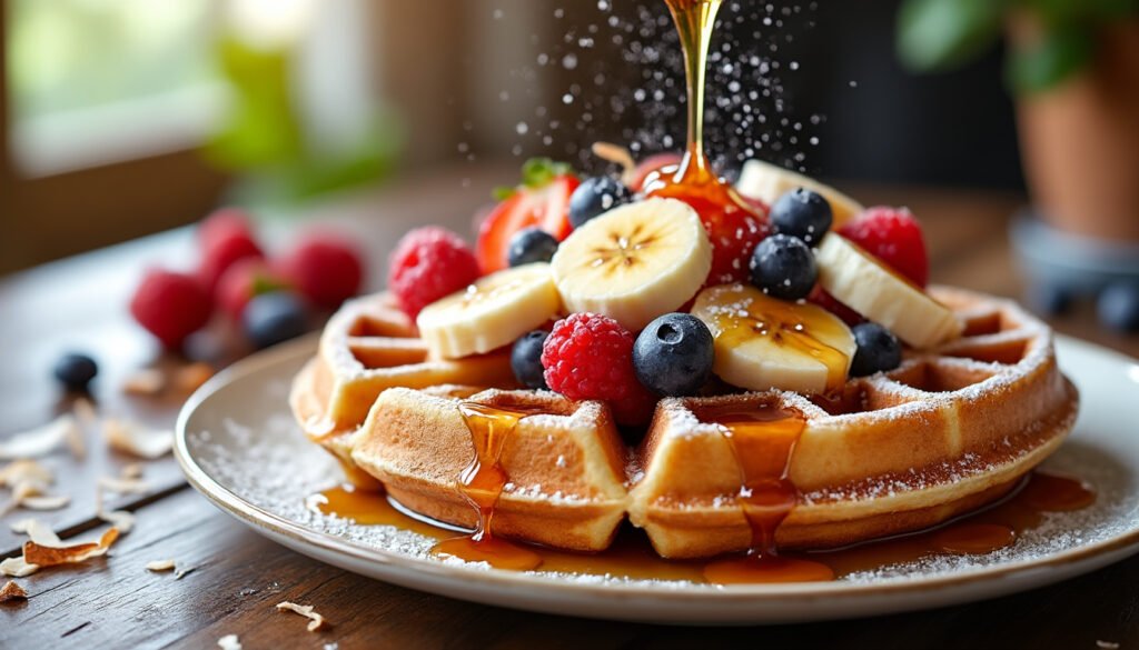 découvrez notre recette de gaufres moelleuses au lait de coco, servies avec un délicieux filet de sirop d’érable. parfaites pour un petit-déjeuner gourmand ou un brunch original !