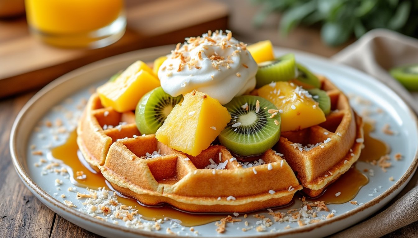 découvrez notre recette gourmande de gaufres au lait de coco, moelleuses et parfumées, servies avec un délicieux sirop d’érable. idéale pour un petit-déjeuner ou un brunch original !