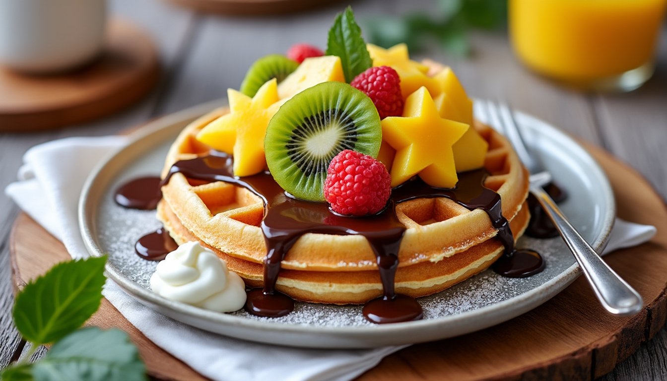 savourez des gaufres moelleuses au lait de coco, délicieusement nappées de sirop d’érable. une recette gourmande et originale pour un petit-déjeuner ou un brunch exotique et sucré.