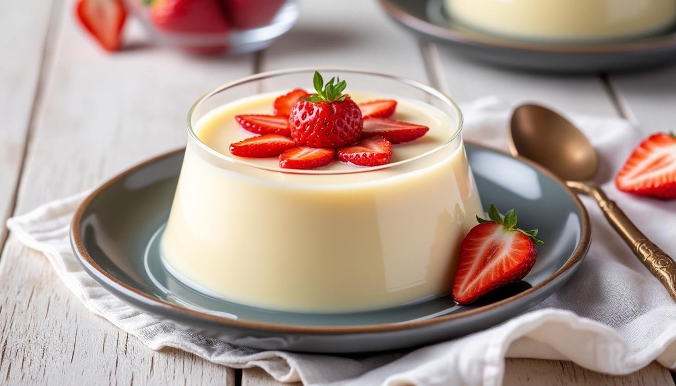 découvrez notre délicieuse panna cotta au lait d’amande, accompagnée de fraises fraîches. un dessert léger, crémeux et irrésistible, parfait pour terminer un repas en beauté.