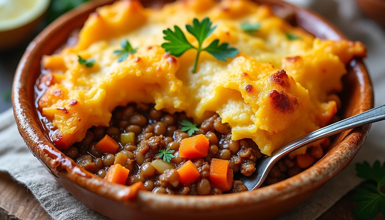 découvrez la recette savoureuse du parmentier de lentilles et patates douces, un plat végétarien riche en saveurs et facile à préparer, parfait pour un repas équilibré et réconfortant.