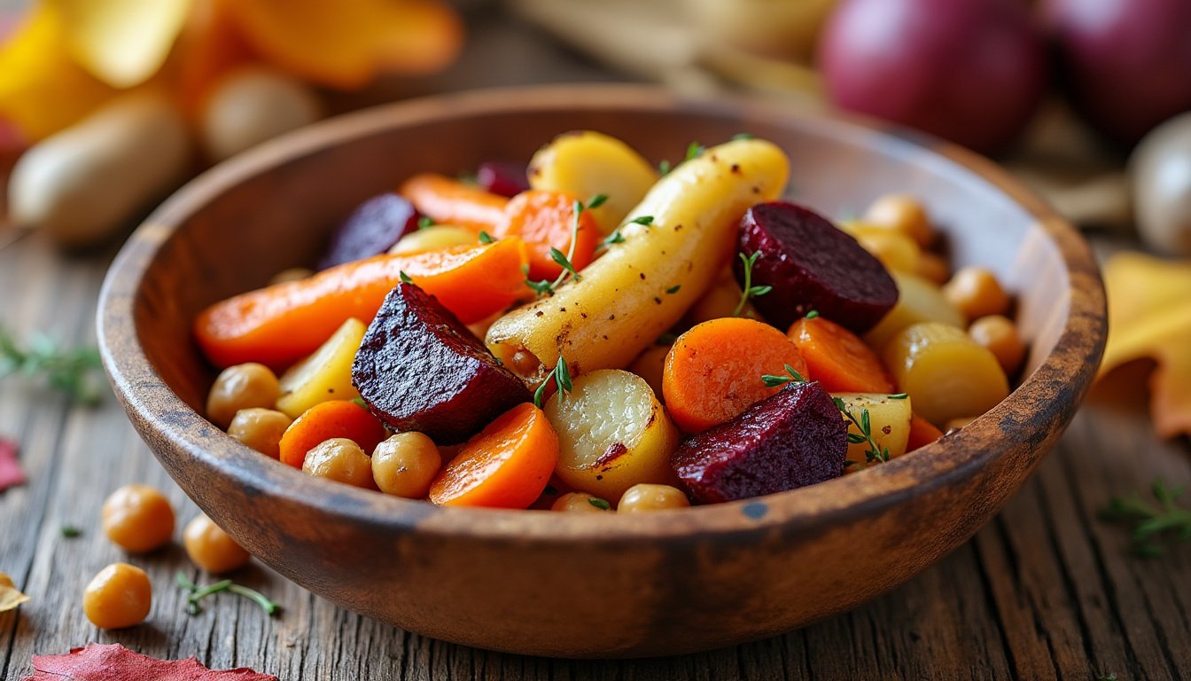 découvrez une délicieuse poêlée de légumes racines et pois chiches, un plat sain et savoureux, idéal pour un repas coloré et équilibré. facile à préparer, parfait pour réchauffer vos soirées.