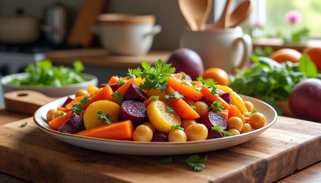 découvrez une délicieuse poêlée de légumes racines et pois chiches, savoureuse et colorée, idéale pour un repas sain, végétarien et facile à préparer. profitez d’un mélange gourmand, parfait pour réchauffer vos soirées d’automne ou d’hiver !