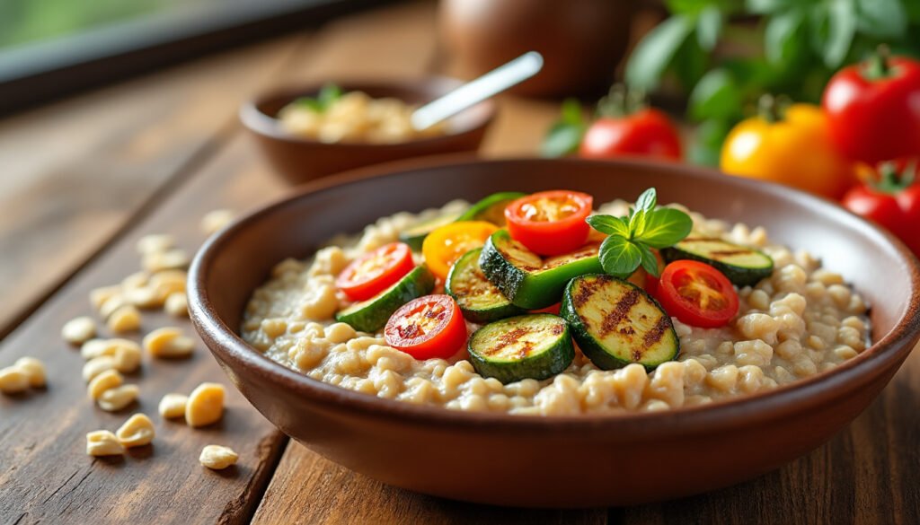 découvrez une recette savoureuse de porridge salé à l’avoine, accompagnée de légumes grillés. idéal pour un petit-déjeuner sain, un brunch ou un repas léger, ce plat allie gourmandise et équilibre nutritionnel.