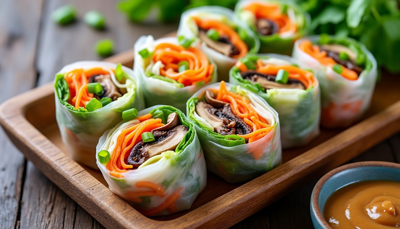 découvrez notre recette simple et fraîche de rouleaux de printemps végétariens, parfaits pour une entrée légère et saine, garnis de légumes croquants et servis avec une délicieuse sauce.