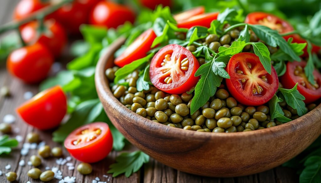 découvrez une salade de lentilles vertes savoureuse, agrémentée de tomates cerises juteuses et de roquette fraîche. un plat coloré, équilibré et idéal pour un repas sain et gourmand.