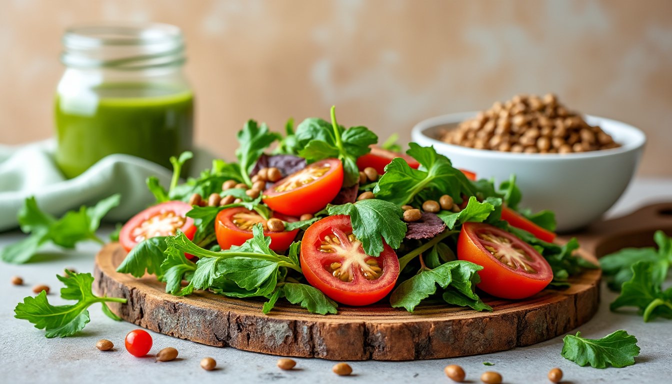 découvrez notre recette de salade de lentilles vertes, garnie de tomates cerises et de roquette, pour un plat frais, sain et plein de saveurs idéal en toute saison.