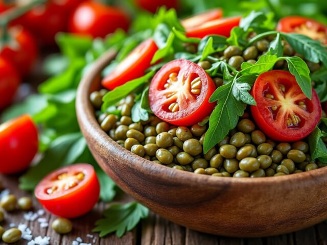 Salade de lentilles vertes, tomates cerises et roquette