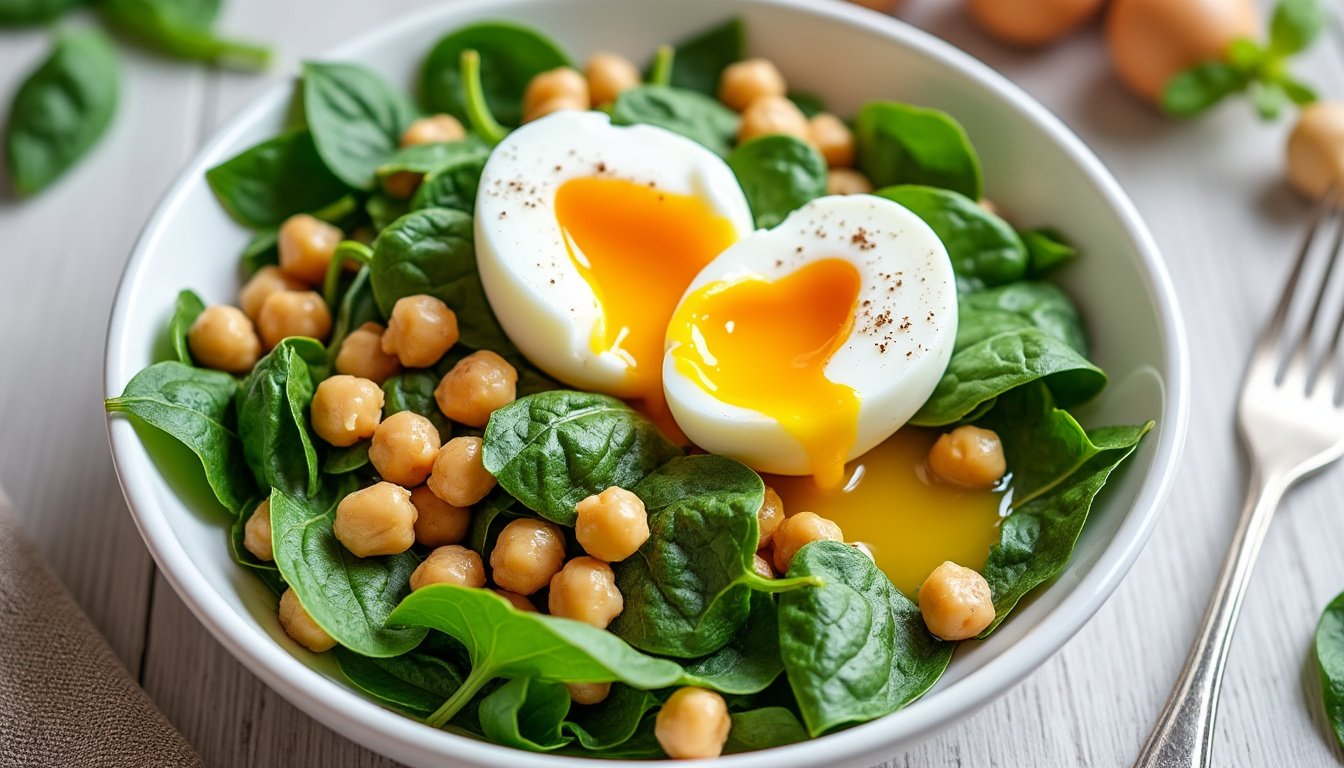 découvrez une salade saine et savoureuse à base de pois chiches, épinards frais et œufs pochés. une recette facile et équilibrée, idéale pour un repas léger et gourmand !