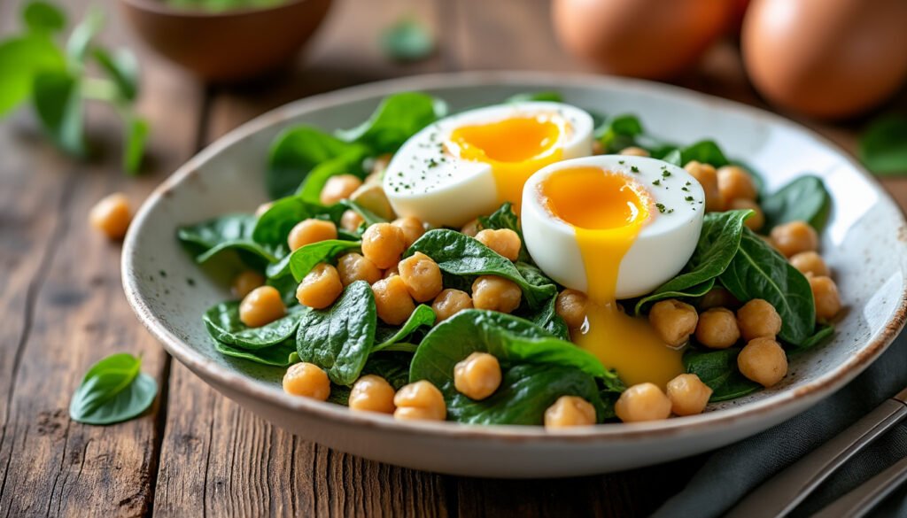 découvrez une salade savoureuse et équilibrée à base de pois chiches, épinards frais et œufs pochés. une recette simple, riche en protéines et parfaite pour un repas sain et rapide !
