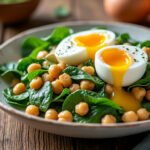 Salade de pois chiches, épinards et œufs pochés