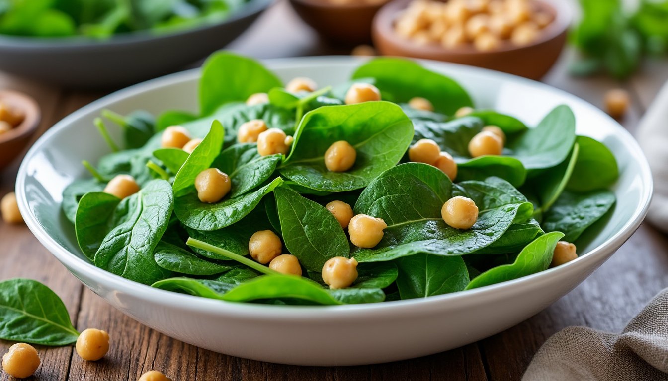 découvrez notre recette gourmande de salade de pois chiches, épinards frais et œufs pochés. un plat sain, riche en saveurs et facile à préparer pour un repas équilibré et savoureux.