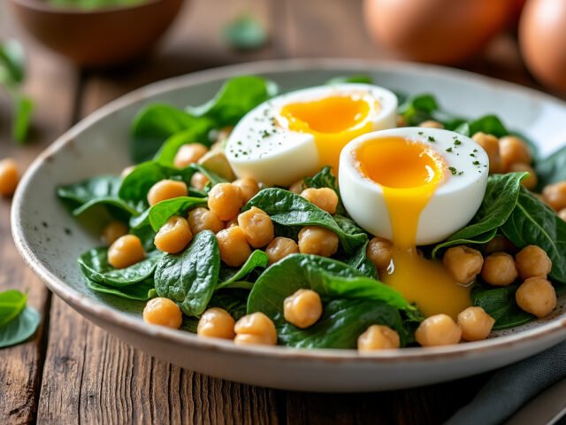 Salade de pois chiches, épinards et œufs pochés