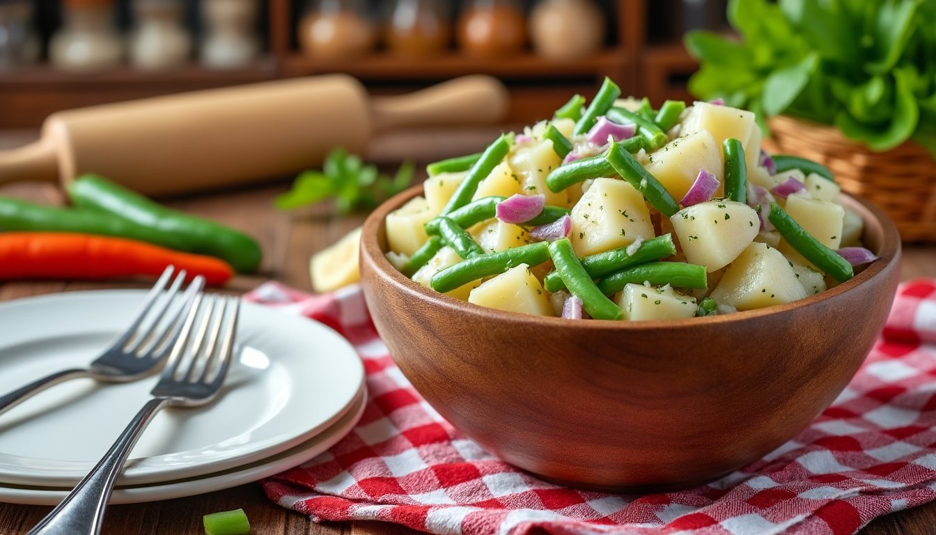 découvrez notre délicieuse salade de pommes de terre aux haricots verts relevée d'une sauce à la moutarde à l’ancienne. une recette fraîche, savoureuse et facile à préparer, idéale pour accompagner tous vos repas estivaux.