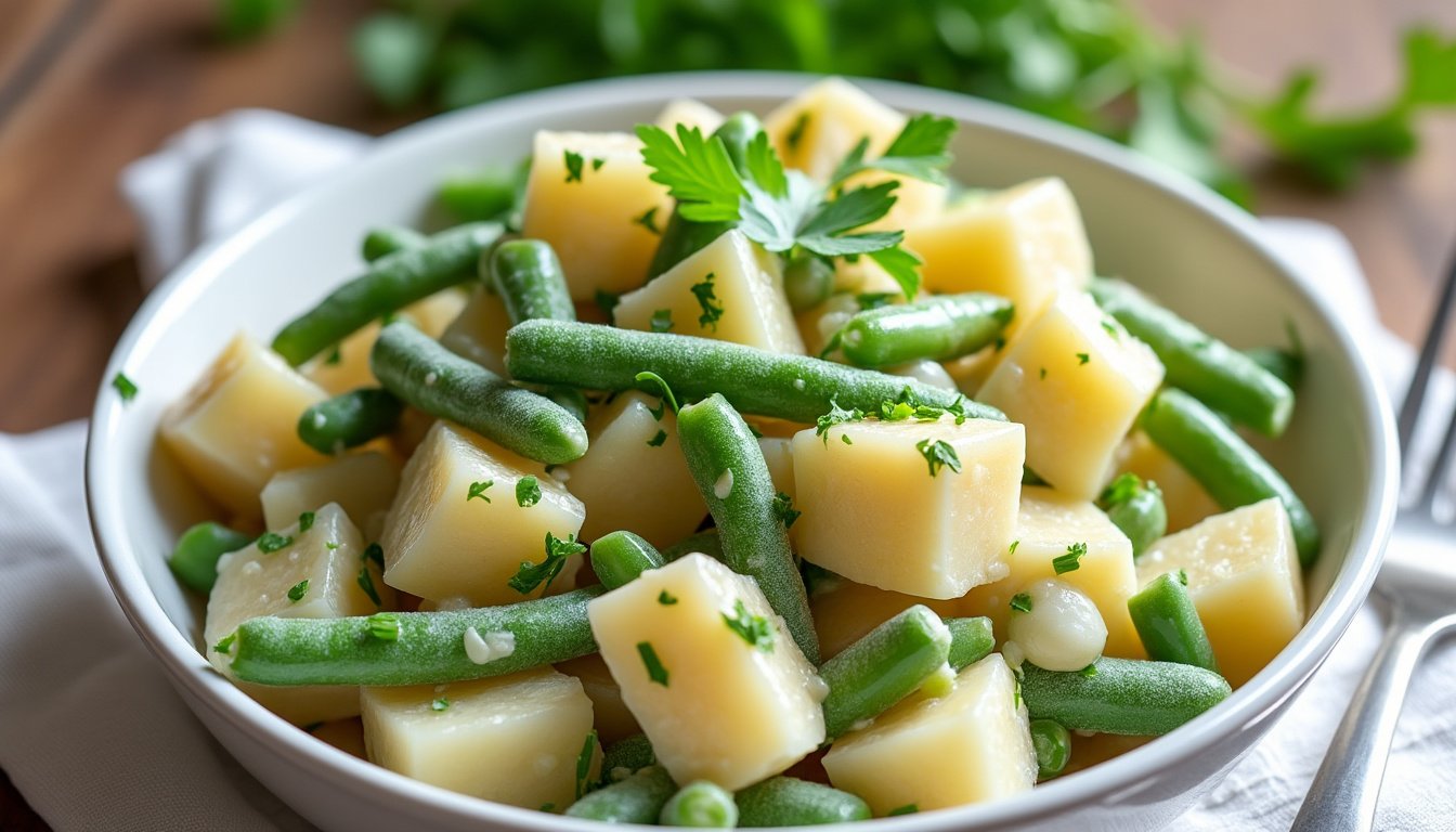 découvrez une délicieuse salade de pommes de terre et haricots verts accompagnée d'une vinaigrette à la moutarde à l’ancienne. fraîche et savoureuse, idéale pour vos repas d'été !