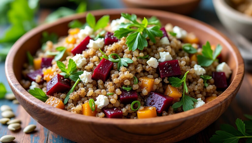 savourez une salade de quinoa et betteraves rôties, un plat sain et coloré alliant fraîcheur et bien-être. parfaite pour un repas léger, riche en saveurs et en nutriments !