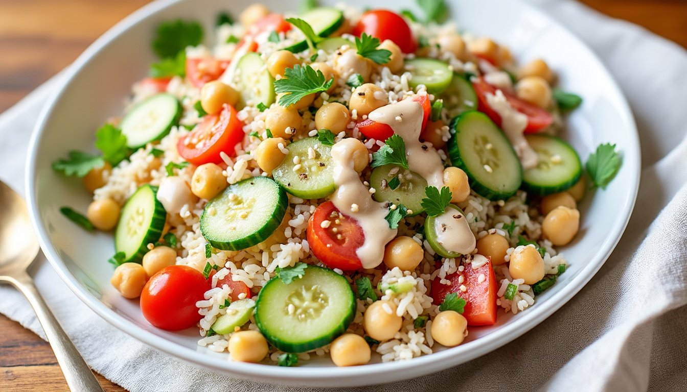 découvrez notre délicieuse salade de riz basmati aux pois chiches, relevée d'une sauce tahini onctueuse. une recette saine, équilibrée et idéale pour un repas rapide et gourmand.