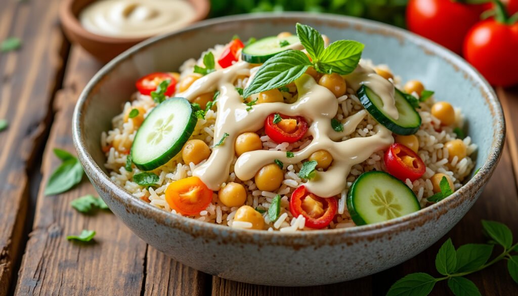 découvrez notre délicieuse salade de riz basmati aux pois chiches, agrémentée d'une sauce tahini onctueuse. une recette saine, rafraîchissante et idéale pour un repas complet, facile à préparer et pleine de saveurs orientales.