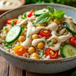 Salade de riz basmati, pois chiches et sauce tahini