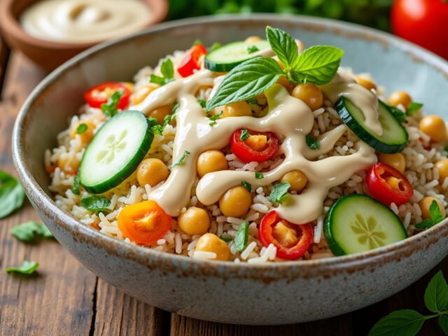 Salade de riz basmati, pois chiches et sauce tahini