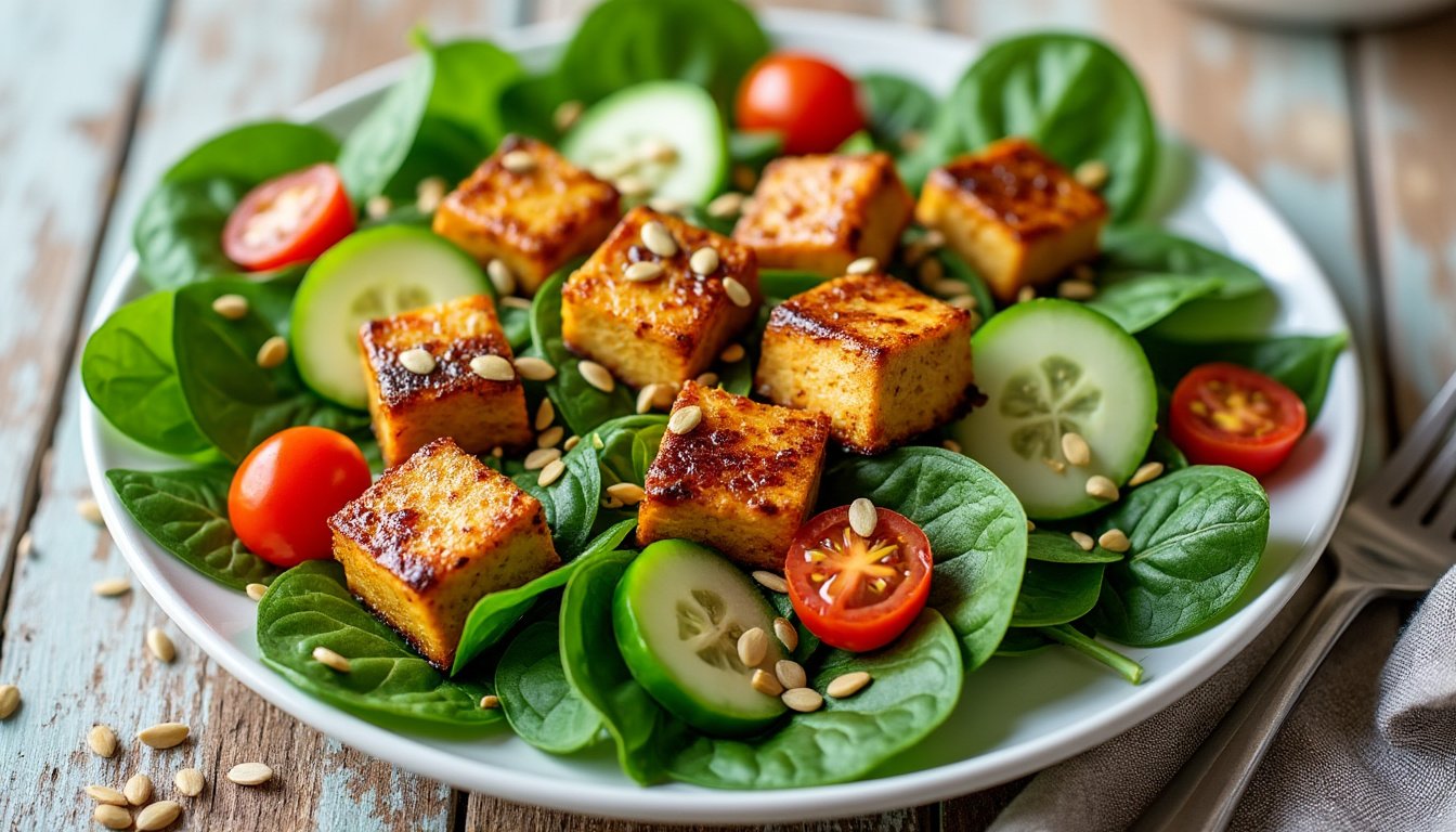 découvrez une salade d’épinards fraîche et gourmande, accompagnée de tofu mariné savoureux et de graines de tournesol croquantes, idéale pour un repas sain et équilibré.