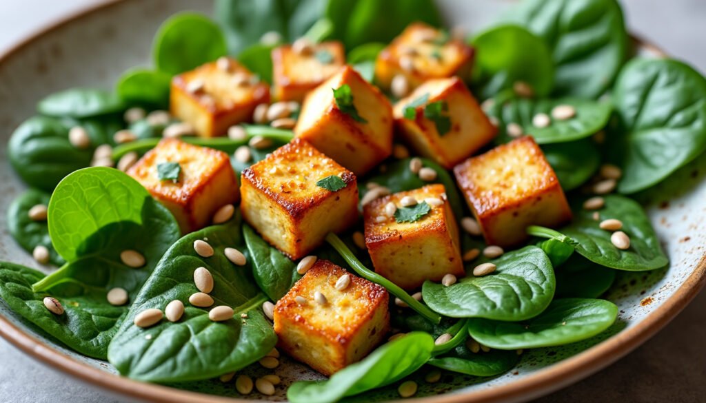 découvrez une salade fraîche et saine à base d’épinards croquants, de tofu mariné savoureux et de graines de tournesol grillées, idéale pour un repas léger et plein de saveurs.