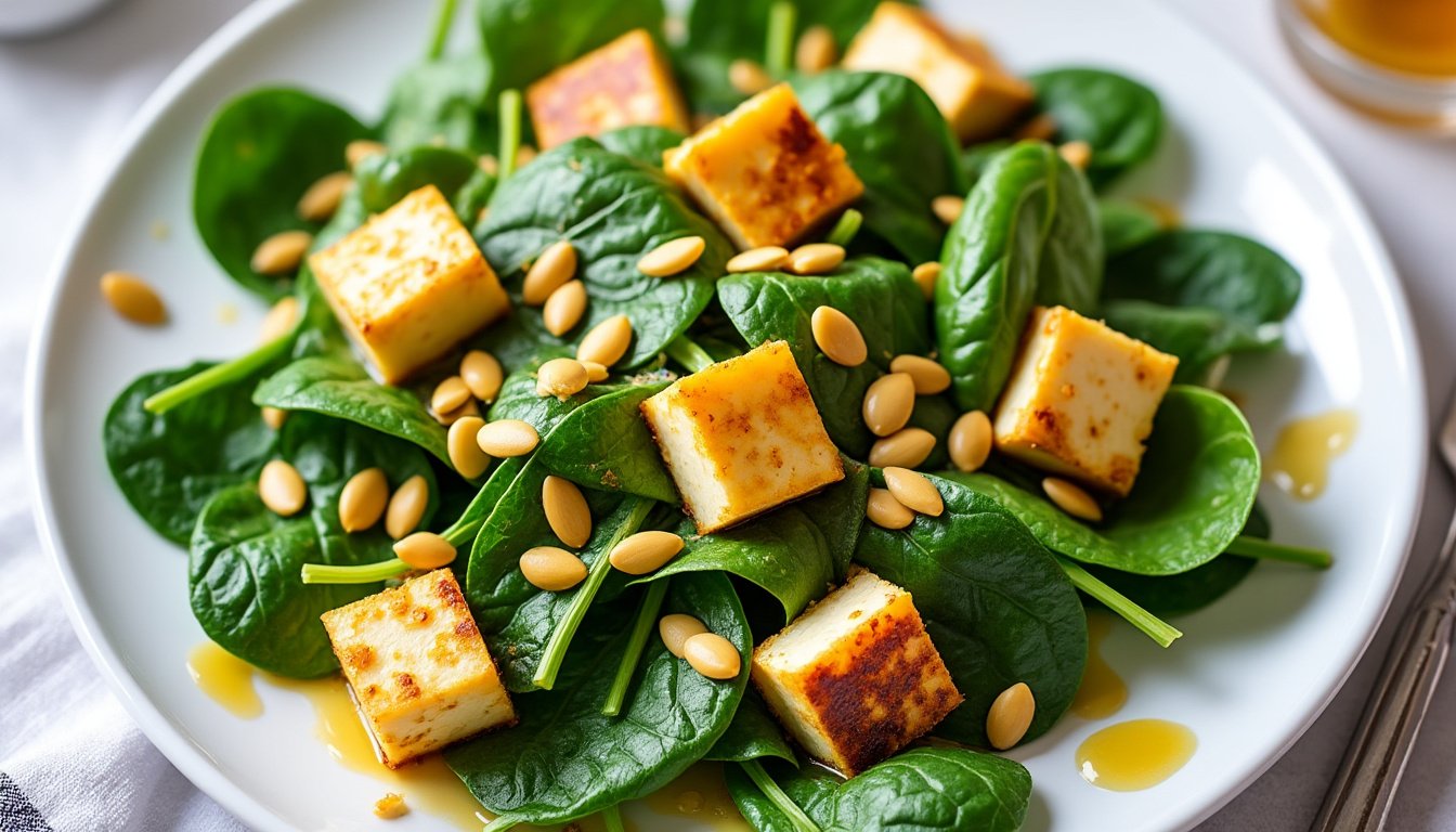 découvrez cette salade d’épinards fraîche agrémentée de tofu mariné savoureux et de graines de tournesol croquantes pour un repas sain, protéiné et plein de saveurs.