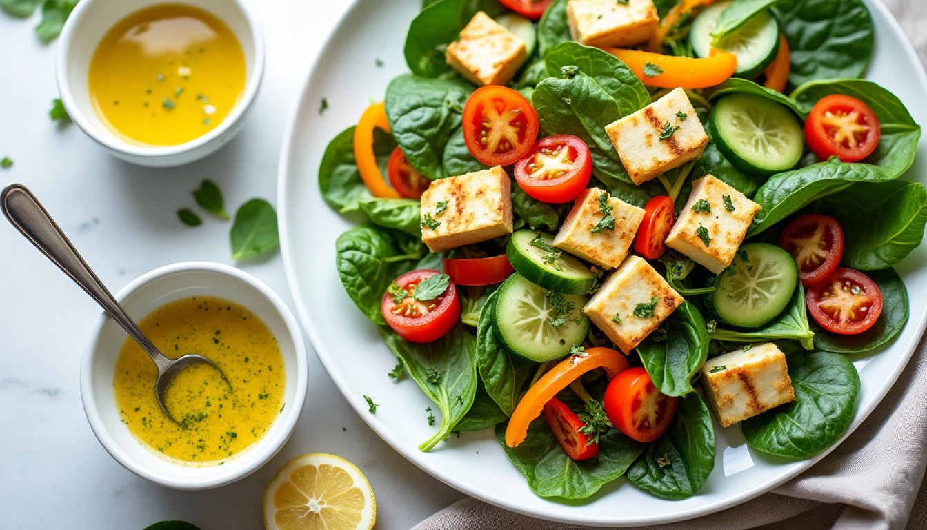 découvrez une salade d’épinards fraîche et croquante, agrémentée de tofu mariné savoureux et de graines de tournesol pour une touche de croquant. un plat sain, équilibré et plein de saveurs, idéal pour un repas léger.