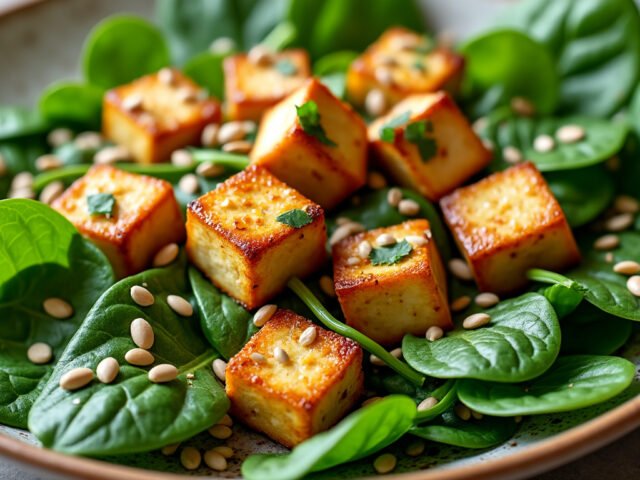 Salade d’épinards, tofu mariné et graines de tournesol