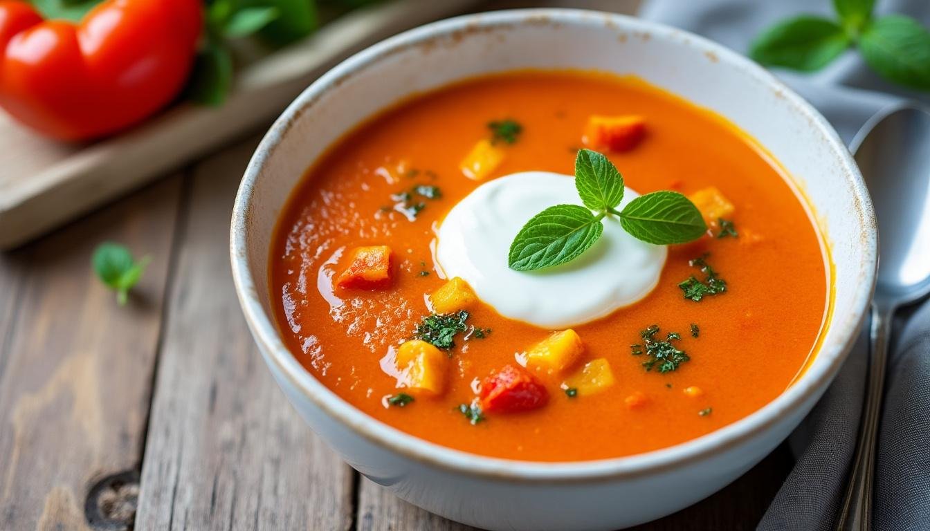 découvrez une délicieuse soupe froide de poivrons et yaourt, idéale pour l'été. fraîche, légère et pleine de saveurs, cette recette facile à préparer ravira vos papilles et apportera une touche de fraîcheur à vos repas.