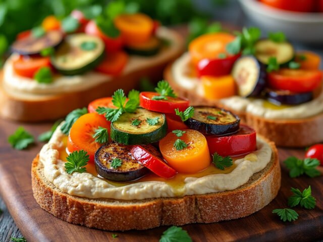 Tartines de houmous et légumes rôtis