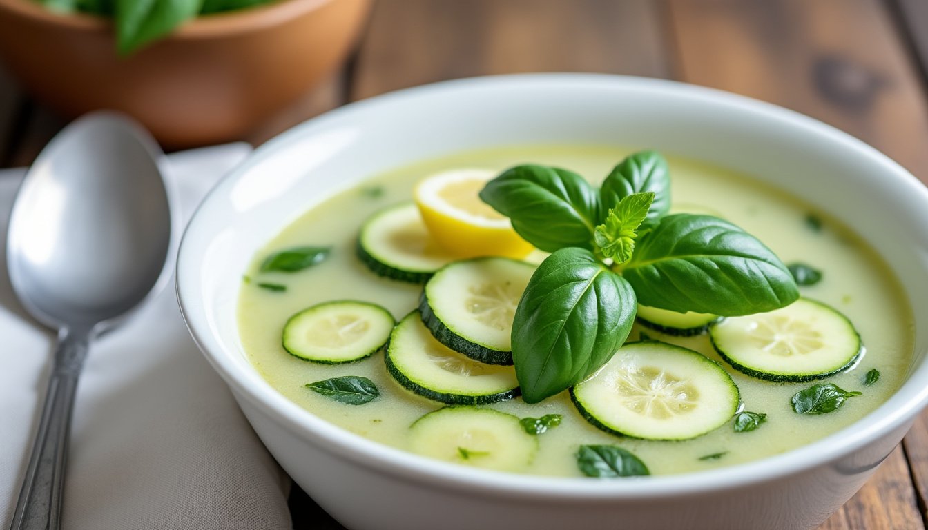 découvrez notre recette rafraîchissante de velouté froid de courgettes et basilic. facile à préparer, légère et parfumée, idéale pour vos repas d'été et apéritifs gourmands !