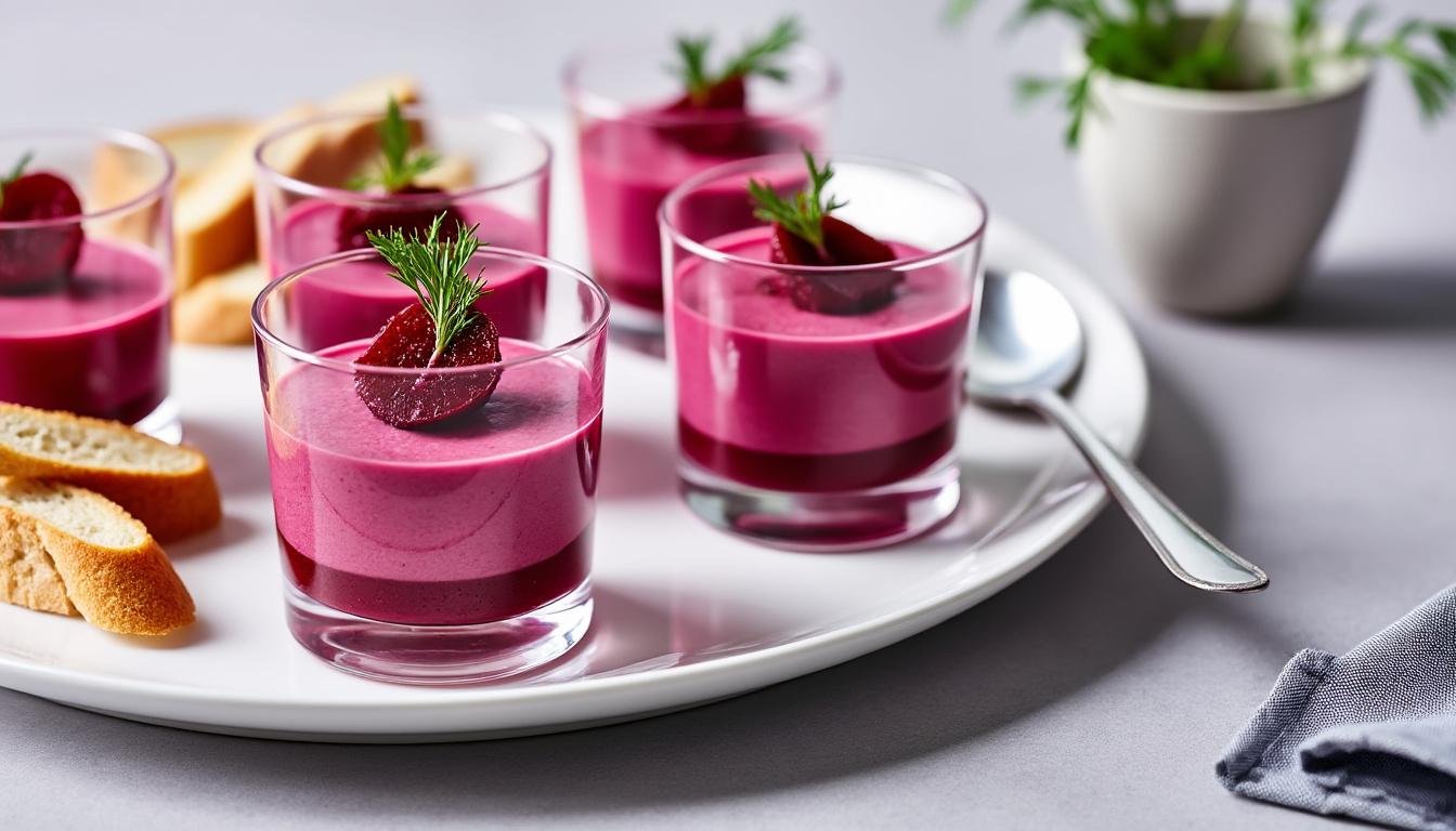 dĂ©couvrez notre recette facile de verrines de mousse de betterave : une entrĂ©e lĂ©gĂšre, colorĂ©e et originale, parfaite pour impressionner vos invitĂ©s lors de vos apĂ©ritifs ou repas de fĂȘte.