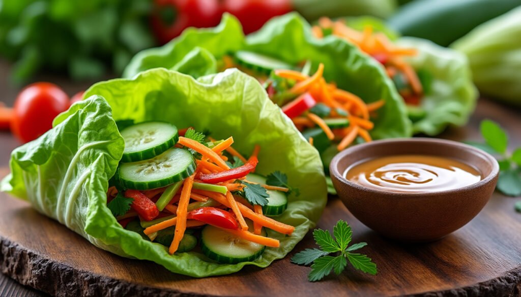 savourez la fraîcheur des wraps de laitue garnis de légumes croquants et relevés d'une sauce cacahuète onctueuse. une recette saine, gourmande et facile, idéale pour un repas léger ou une entrée originale.