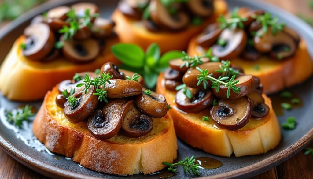découvrez notre délicieuse recette de bruschettas aux champignons et thym : des tartines croustillantes garnies de champignons sautés parfumés au thym, parfaites pour un apéritif ou une entrée gourmande.