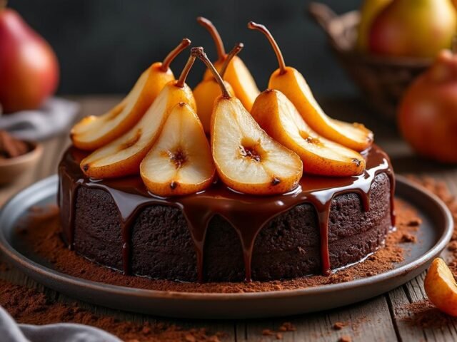 Cake au cacao et poires caramélisées