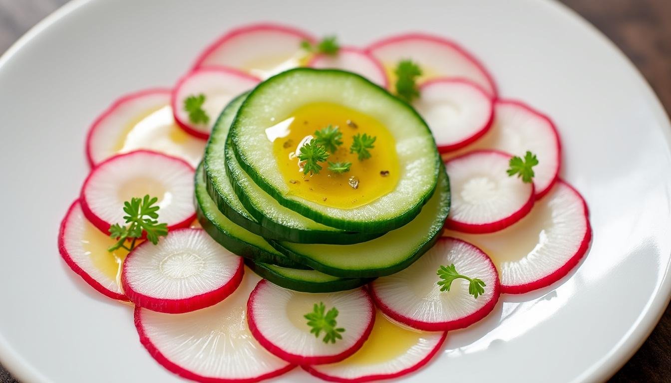 découvrez une entrée fraîche et légère avec notre carpaccio de concombre et radis, assaisonné d'une délicate huile de sésame. parfait pour un repas sain et raffiné !