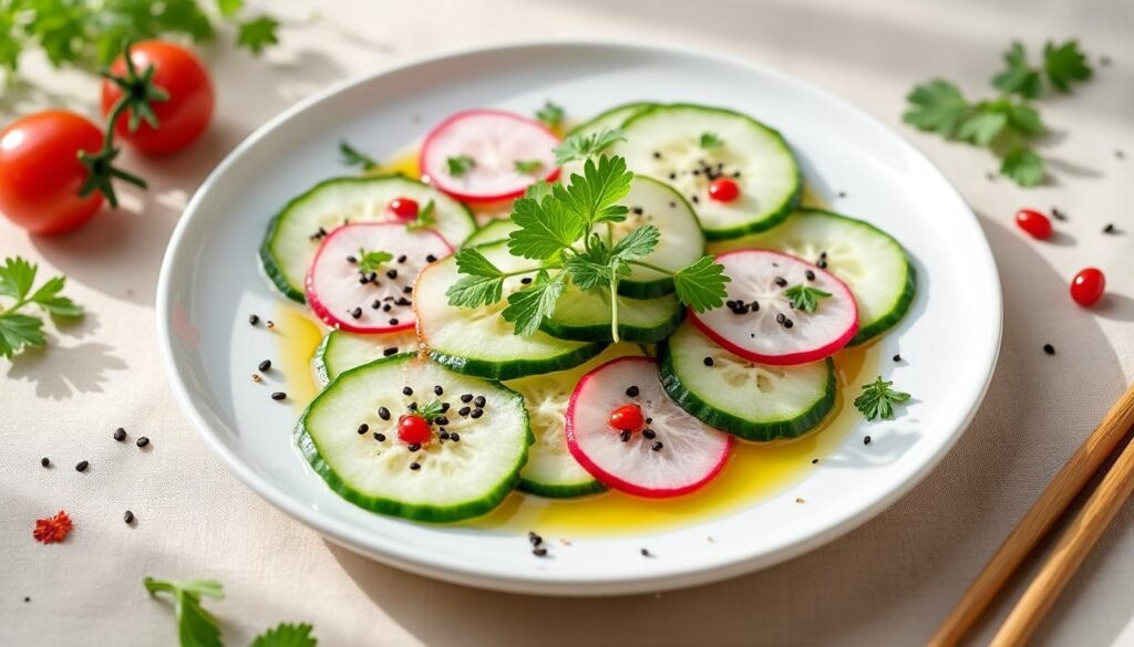 découvrez une entrée fraîche et légère avec ce carpaccio de concombre et radis, relevé d'une délicate huile de sésame. idéal pour un repas estival ou une mise en bouche raffinée.