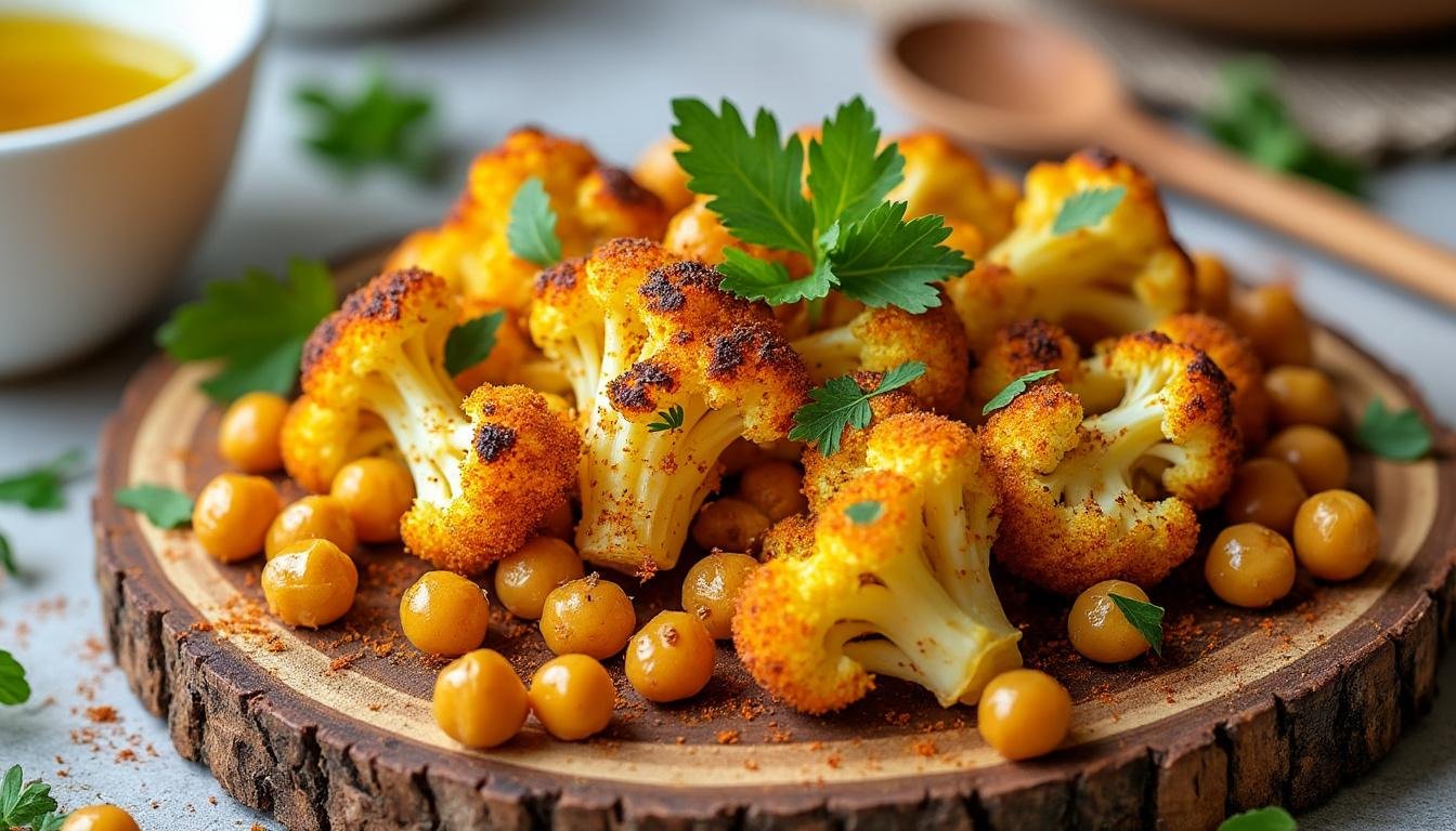 découvrez une recette savoureuse de chou-fleur rôti aux épices accompagné de pois chiches grillés, parfaite pour un plat végétarien riche en saveurs et facile à préparer.