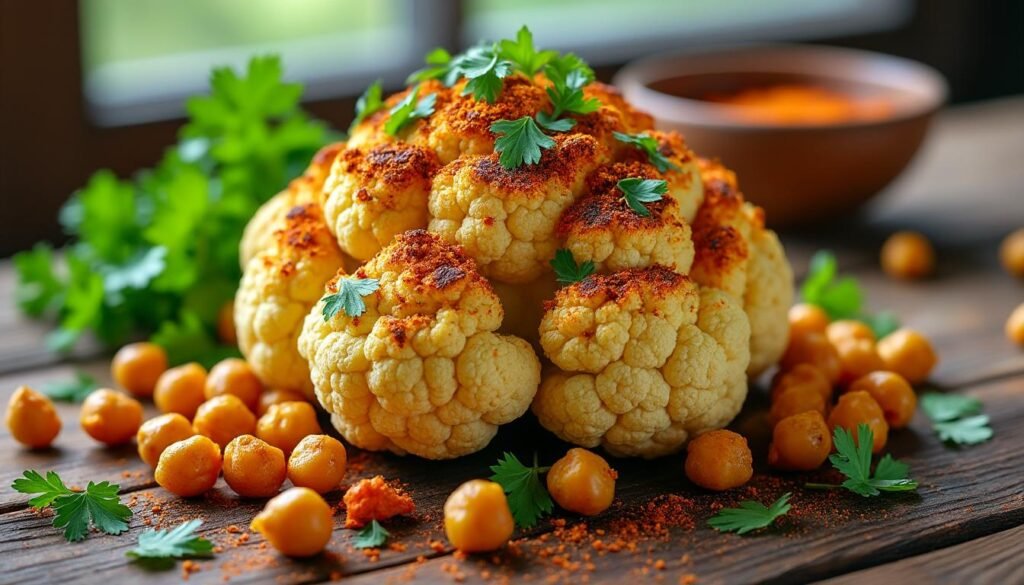 découvrez notre savoureuse recette de chou-fleur rôti aux épices accompagné de pois chiches grillés : un plat healthy, riche en saveurs et facile à préparer, idéal pour un repas végétarien gourmand !