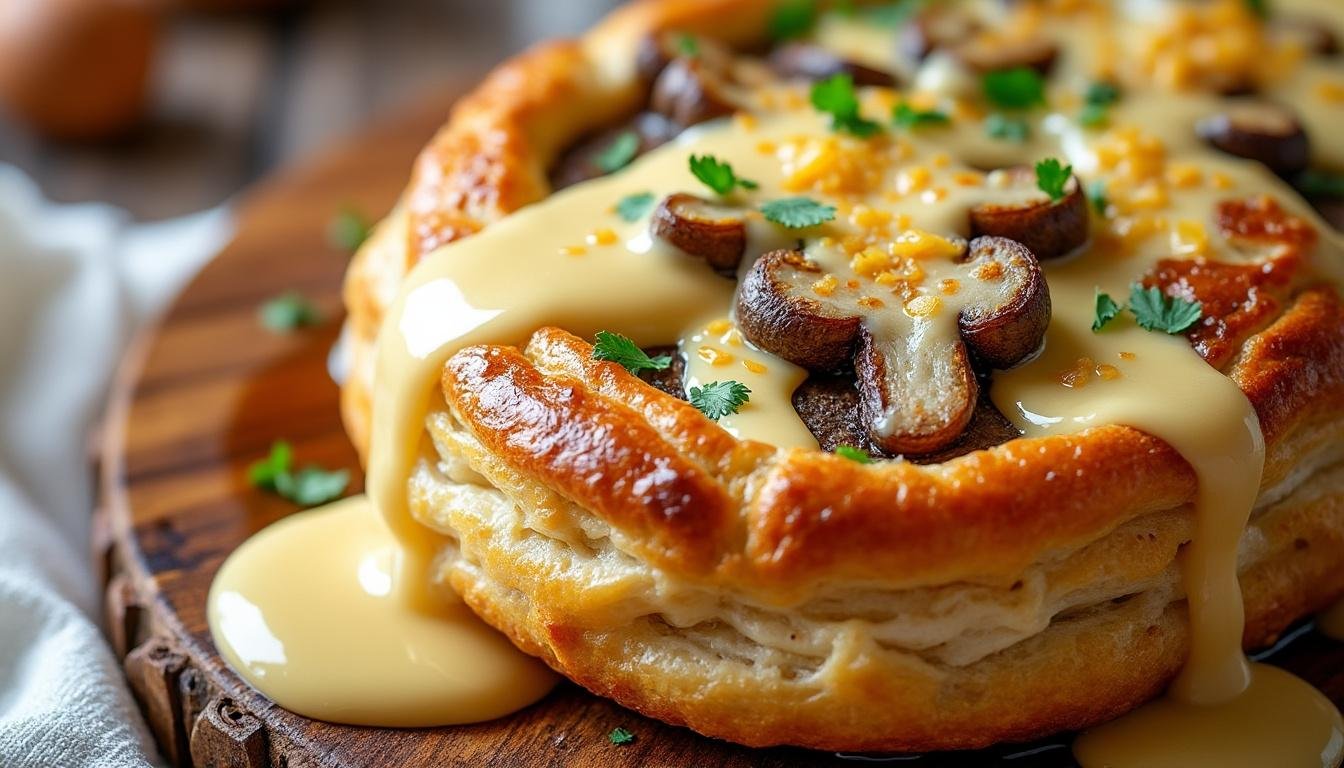 savourez un feuilleté croustillant garni de champignons fondants et d'une béchamel végétale onctueuse, pour une entrée gourmande et 100% végétale idéale à partager.