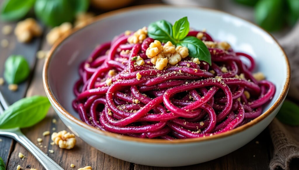 découvrez une recette originale de pâtes au pesto de betterave et noix : un plat coloré, savoureux et facile à préparer, alliant douceur de la betterave et croquant des noix. idéal pour un repas sain et gourmand !