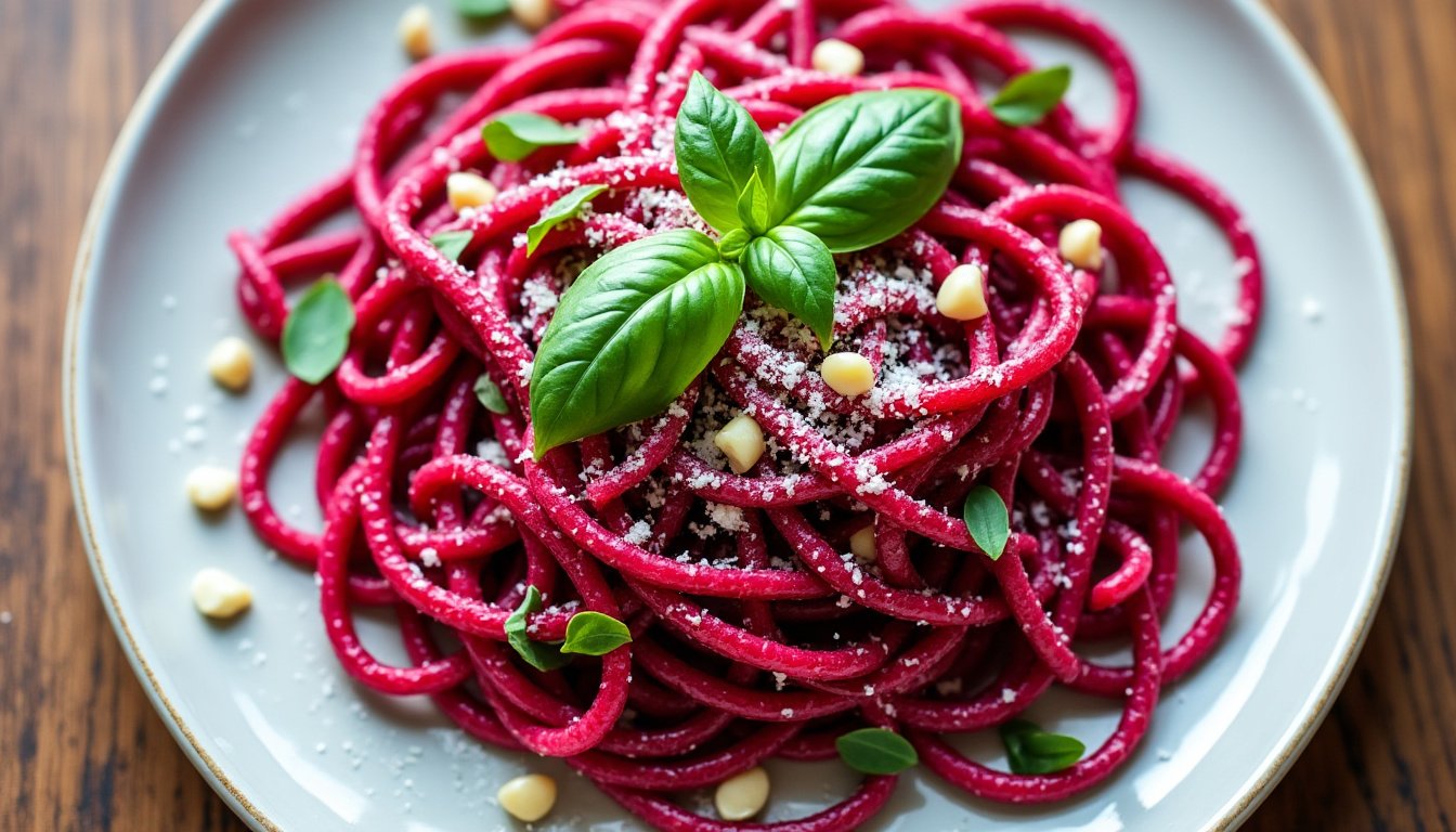 découvrez une recette originale de pâtes au pesto de betterave et noix : un plat savoureux, coloré et facile à préparer, parfait pour surprendre vos convives et savourer un mélange unique de saveurs en un rien de temps !