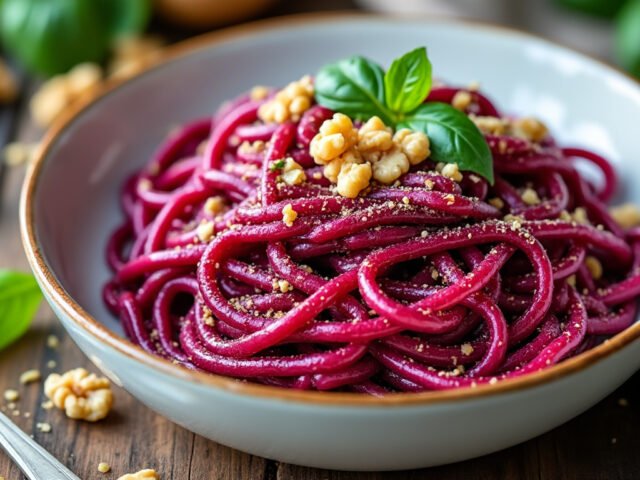 Pâtes au pesto de betterave et noix