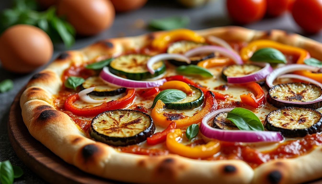 découvrez notre délicieuse pizza maison à la crème d’aubergine, garnie de légumes grillés savoureux. une recette gourmande, facile à préparer, idéale pour un repas convivial et plein de saveurs méditerranéennes.