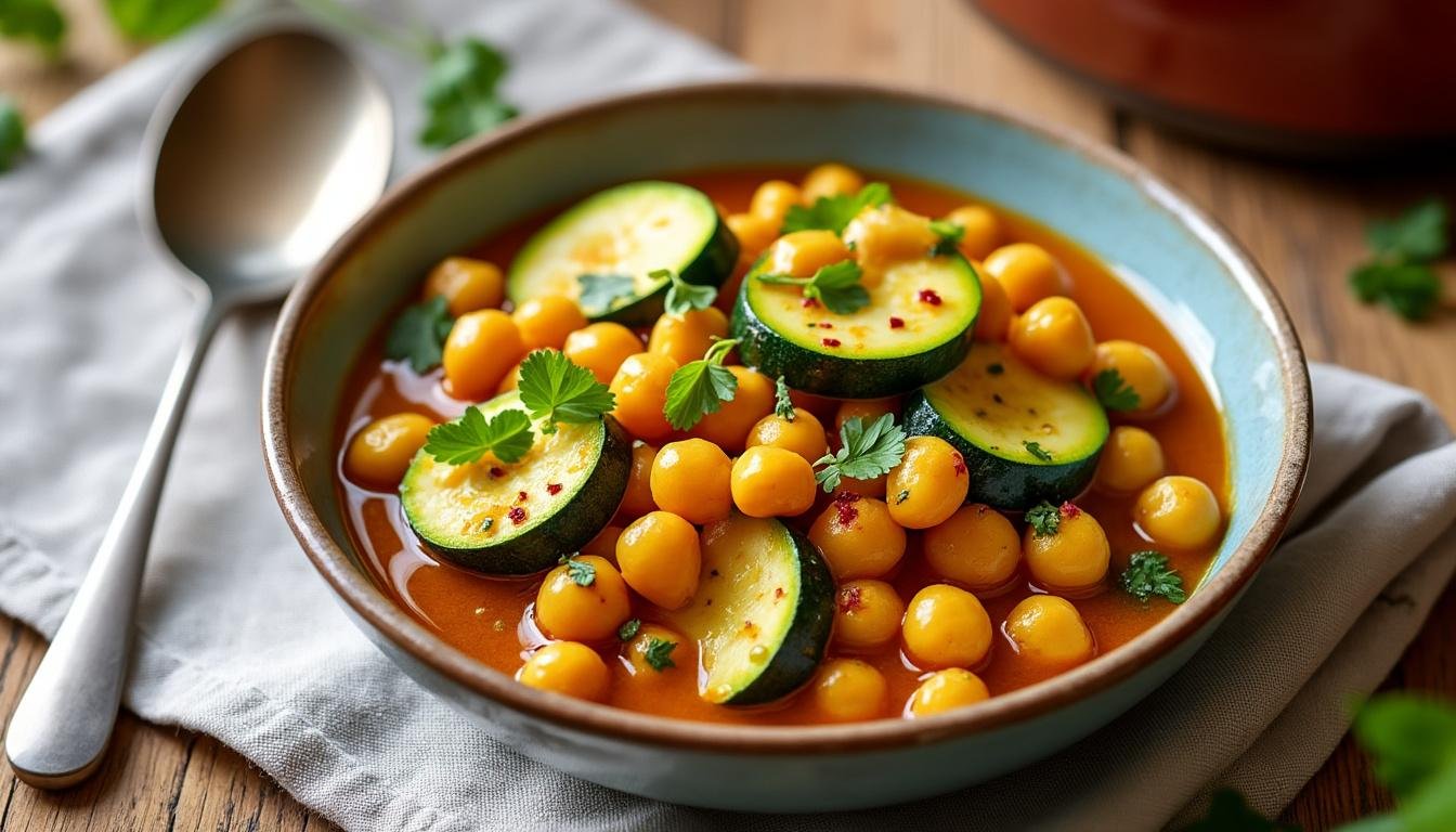 découvrez une délicieuse poêlée de pois chiches et courgettes au curry, une recette saine, rapide et savoureuse, idéale pour un repas végétarien rempli de saveurs exotiques.