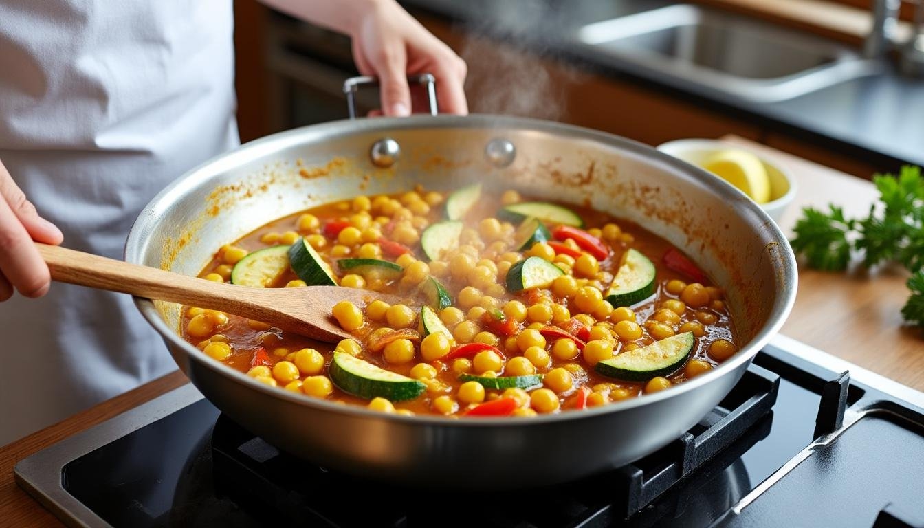 découvrez notre délicieuse poêlée de pois chiches et courgettes au curry, une recette végétarienne rapide et savoureuse, idéale pour un repas sain et gourmand !